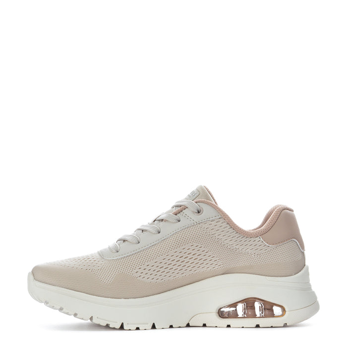Women's taupe lace-up knit sneakers with white sole and bronze air-cushion window
