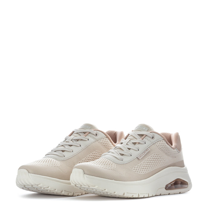 Pair of taupe knit lace-up sneakers with white midsole and bronze air-cushion detail