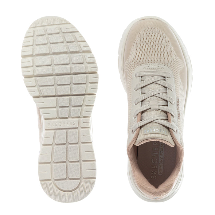 Taupe lace-up sneaker outsole and side view with textured grip pattern