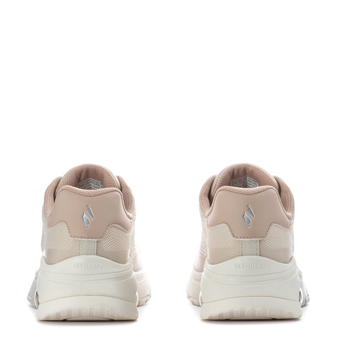 Women's taupe sneakers with lace-up back heel and logo patch on cushioned sole