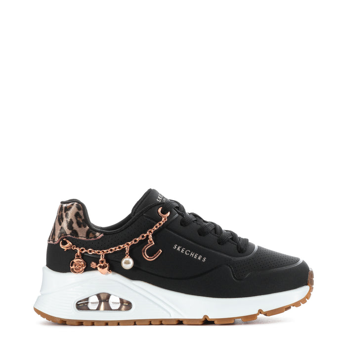 Kids black low-top sneakers with rose-gold charm bracelet chain and leopard heel accents