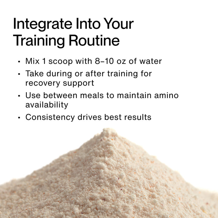 Powder mound with text: “Integrate Into Your Training Routine: Mix 1 scoop with 8–10 oz of water. Take during or after training for recovery support. Use between meals to maintain amino availability. Consistency drives best results.”