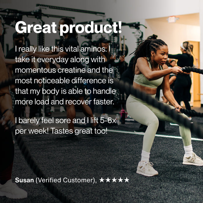 Woman exercising with battle ropes in a gym. Text reads: “Great product! I really like this vital aminos. I take it everyday along with momentous creatine and the most noticeable difference is that my body is able to handle more load and recover faster. I barely feel sore and I lift 5–6x per week! Tastes great too! Susan (Verified Customer), five stars.”