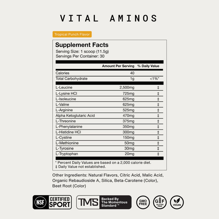 Label titled “Vital Aminos Supplement Facts.” Serving Size: 1 scoop (11.5 g). Servings Per Container: 30. Calories: 40. Total Carbohydrate: 1 g (<1%). Amino acids per serving include: L-Leucine 2,500 mg; L-Lysine HCl 725 mg; L-Isoleucine 625 mg; L-Valine 625 mg; L-Arginine 525 mg; Alpha Ketoglutaric Acid 470 mg; L-Threonine 375 mg; L-Phenylalanine 350 mg; L-Histidine HCl 300 mg; L-Cystine 150 mg; L-Methionine 50 mg; L-Tyrosine 30 mg; L-Tryptophan 20 mg. Other ingredients: Natural flavors, citric