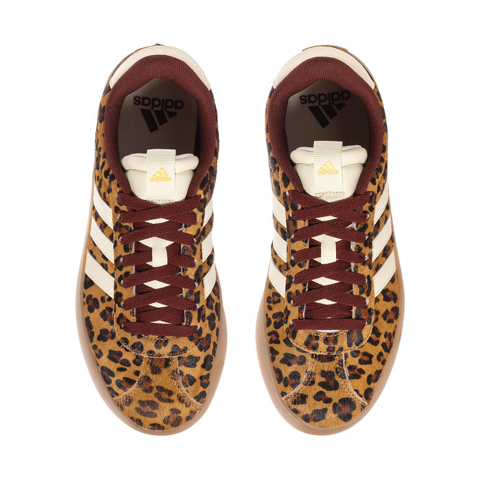 Leopard print sneakers front view with cream heel tabs and burgundy lace-up
