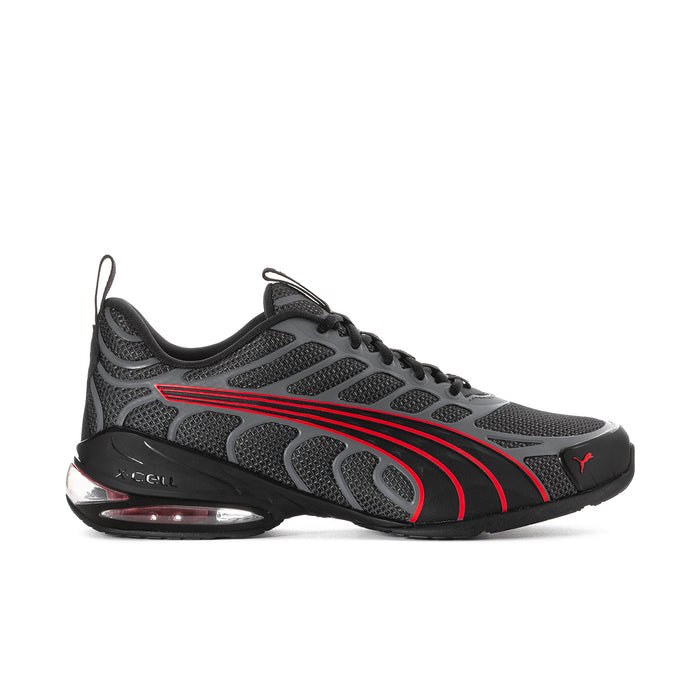 Men's Voltra running shoes in dark gray mesh with red stripe accents and black sole