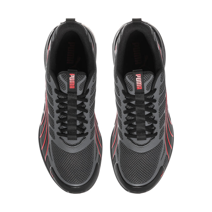 Pair of men's Voltra lace-up sneakers with dark gray mesh uppers and red piping