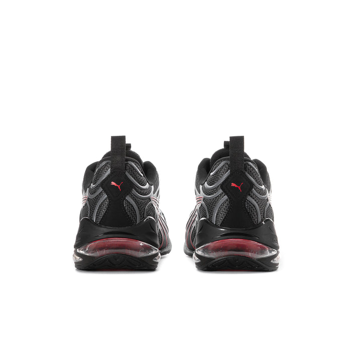 Men's Voltra sneakers back view, dark gray mesh with red heel cushioning and lace closure