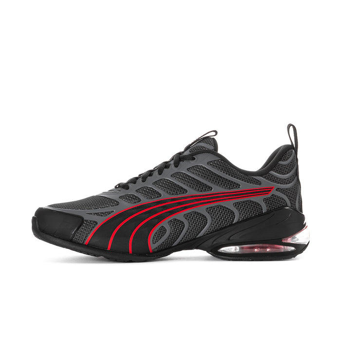 Men's Voltra lace-up sneakers in dark gray mesh with bold red wave stripes and heel window
