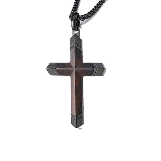 Men's Black Plated Stainless Steel Cross with Ebony Wood Inlay