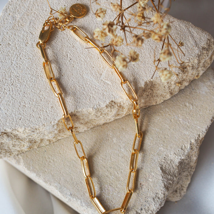 Washington paperclip anklet gold displayed on beige stone