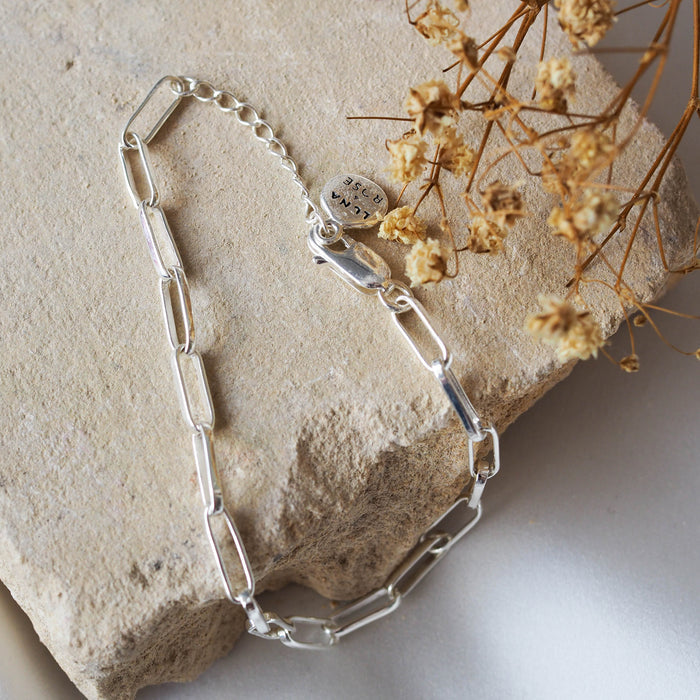 Washington Paper Clip Bracelet - Silver displayed on beige stone and dried flowers