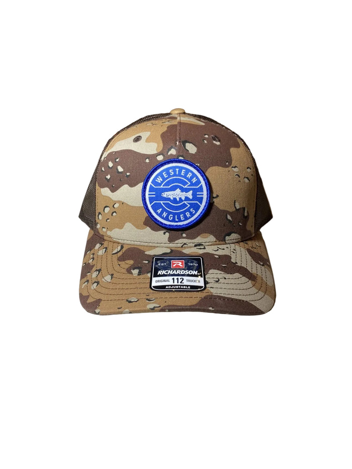 Camouflage baseball cap with a blue logo on a white surface