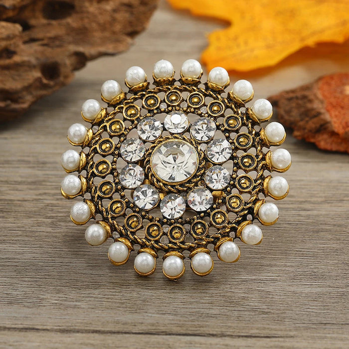 Women Fashion Golden Flower Pearl Crystal Traditional Indian Jewelry Adjustable Big Finger Ring