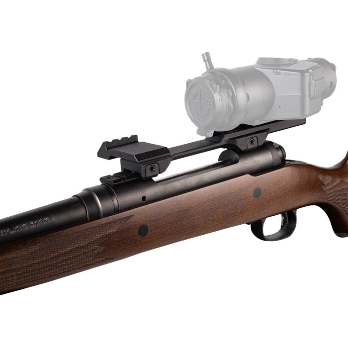 Side view of Wraith Mini long mount on hunting rifle demonstrating cantilever design benefits